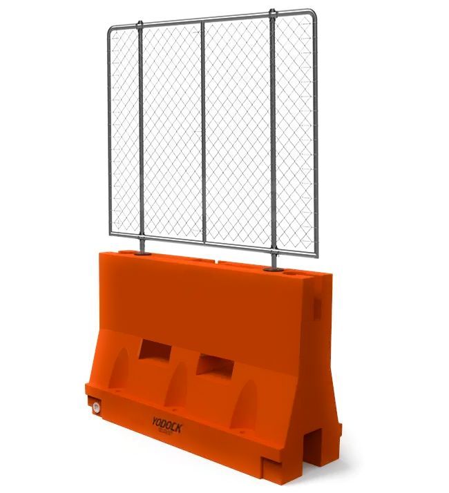 Water Filled Barrier Yodock 2001 Plastic Barricade Orange with Chain Link Fence Topper
