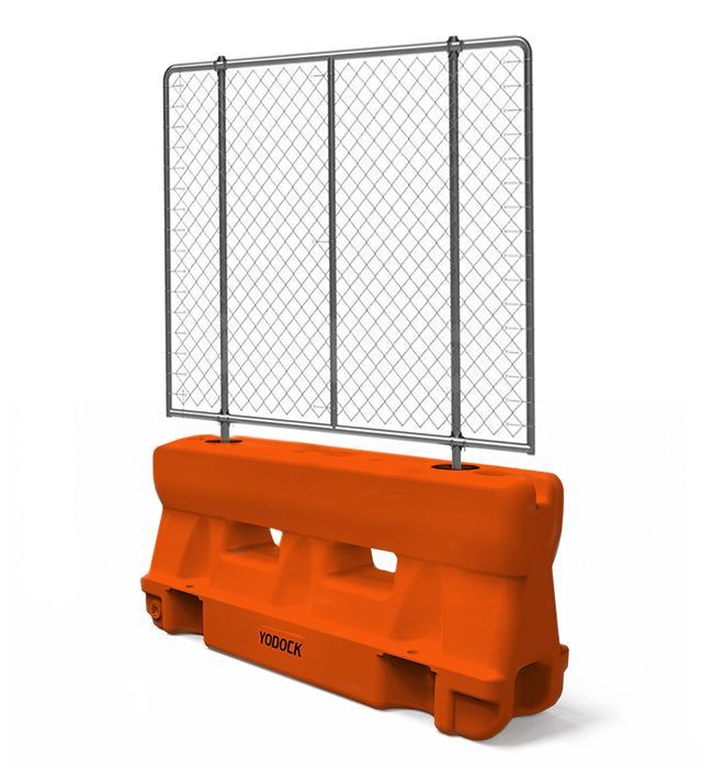 Water Filled Barrier Yodock 2001MB Plastic Barricade Orange with Chain Link Fence Topper
