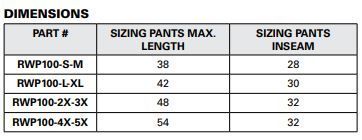 Hi-Viz Black Bottom Rainwear Safety Pants - Orange & Lime Size Chart