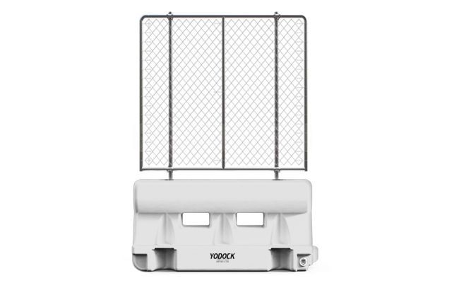 Water Filled Barrier Yodock 2001MB Plastic Barricade White with Chain Link Fence Topper
