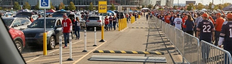 Parking lot crowd control with traffic cones and barriers at a venue